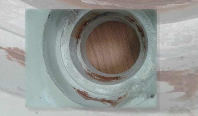 Damage created to a pump lining by sodium hypochlorite.