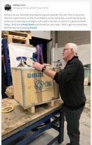 So there we were... Saturday evening... Just received ‘THE call’ from a customer who has a plant down as they have killed a pump. Same day courier due to arrive at 6pm on a Saturday evening to rush (within the law of course !) it down to South Wales ! Well done Andy Steele and thanks for your help... AND it got me home from MILTON keynes shopping#result — with Ashley Fenn and Andy Steele at CDR Pumps - UK Ltd.