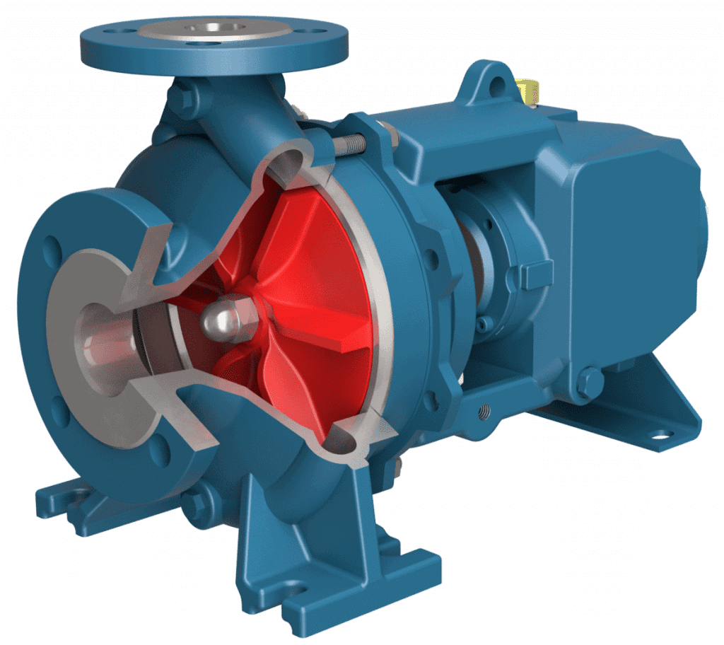 TCH centrifugal pump with cut out showing a semi-open impeller