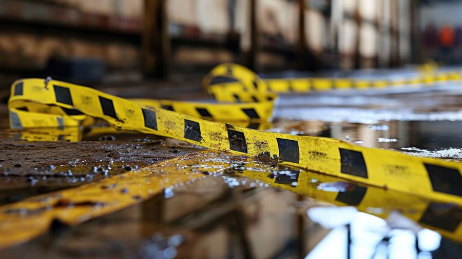 How to Properly Handle Fluids with Chemical Pumps: Spilled fluid and yellow tape