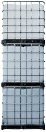 Three Industrial Bulk Containers (IBCs) stacked on top of one another