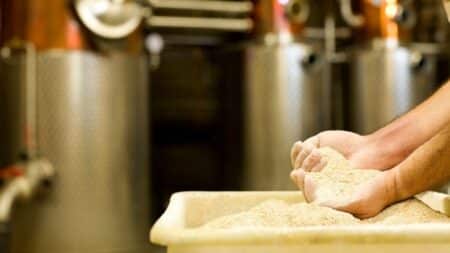 hands of a man in the mash at a distillery with the distilling equipment in the background