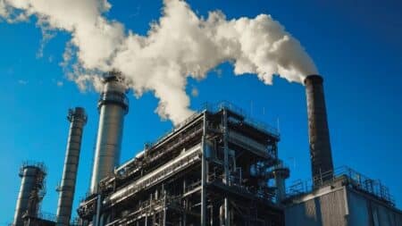 Industrial plant emitting clean steam instead of carbon emissions, representing decarbonization through the use of fume scrubbers.