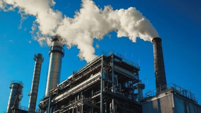 Industrial plant emitting clean steam instead of carbon emissions, representing decarbonization through the use of fume scrubbers.