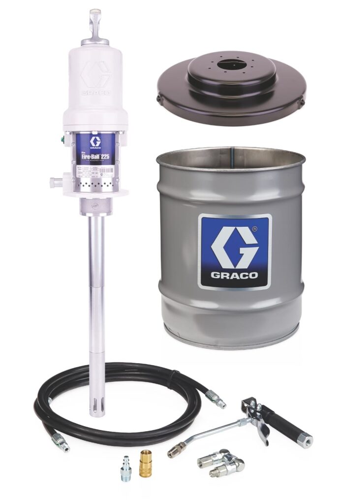 Graco Fire-Ball 225 50:1 16 kg & 23 kg (35 lb & 50 lb) Grease Pump – Stationary Pail Dispenser Package (246911)