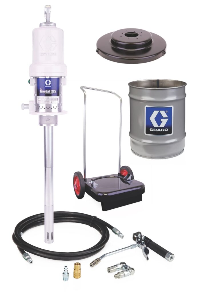 Graco Fire-Ball 225 50:1 16kg (35 lb) 2-Wheel Base Type Grease Pump with Dispense Kit, Handle, Pail and CE Kit (253386)